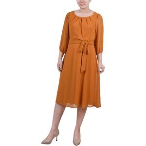 NY Collection Womens Clip Dot Fit & Flare Dress, gold, Petite, PM